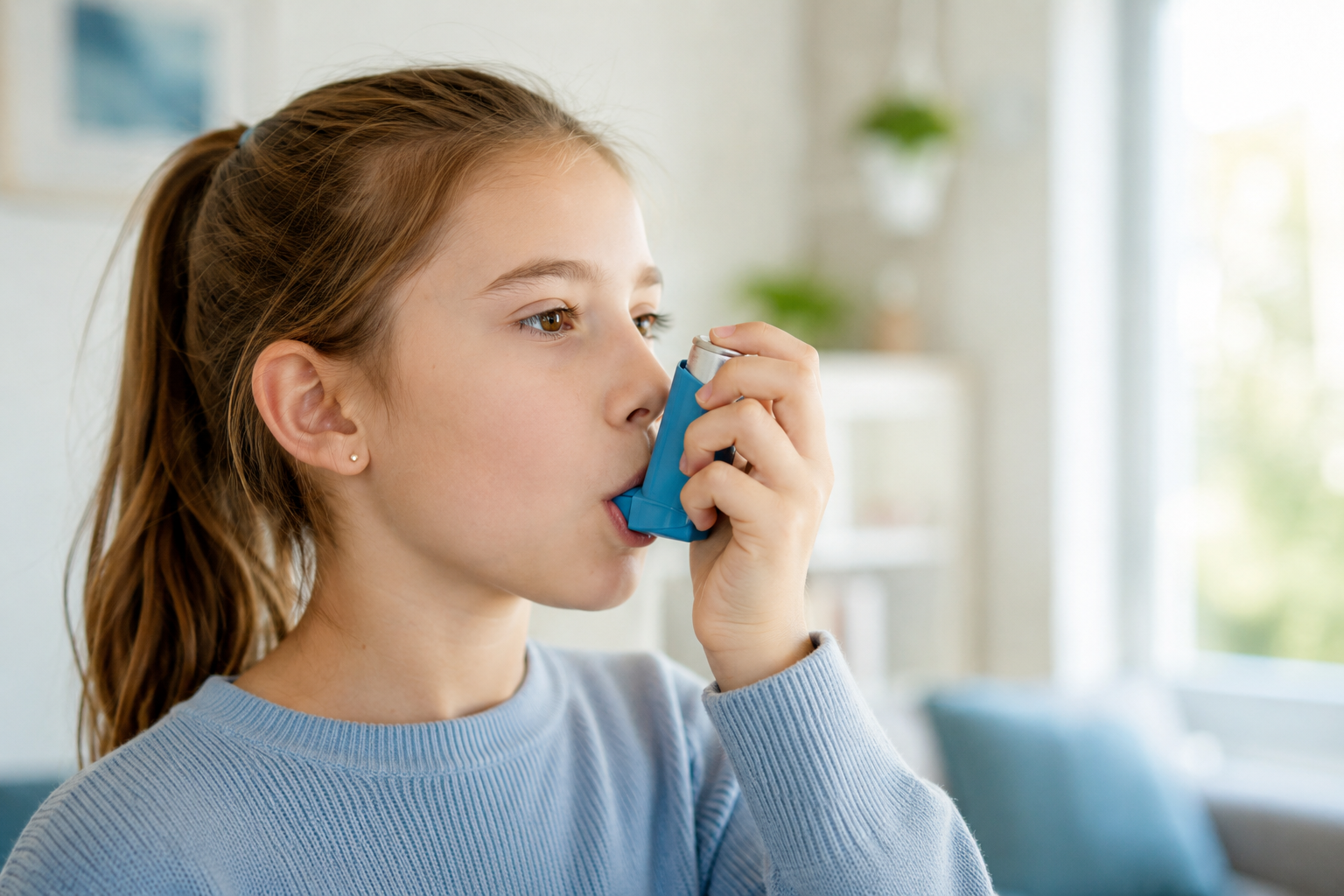 Young girl using an inhaler